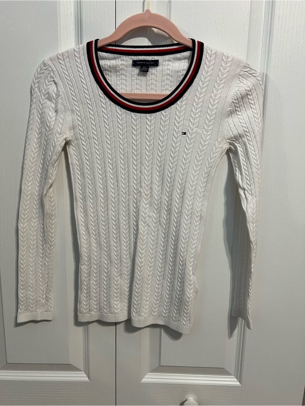 Tommy Hilfiger White Cable-Knit Sweater with Navy & Red Stripe Trim